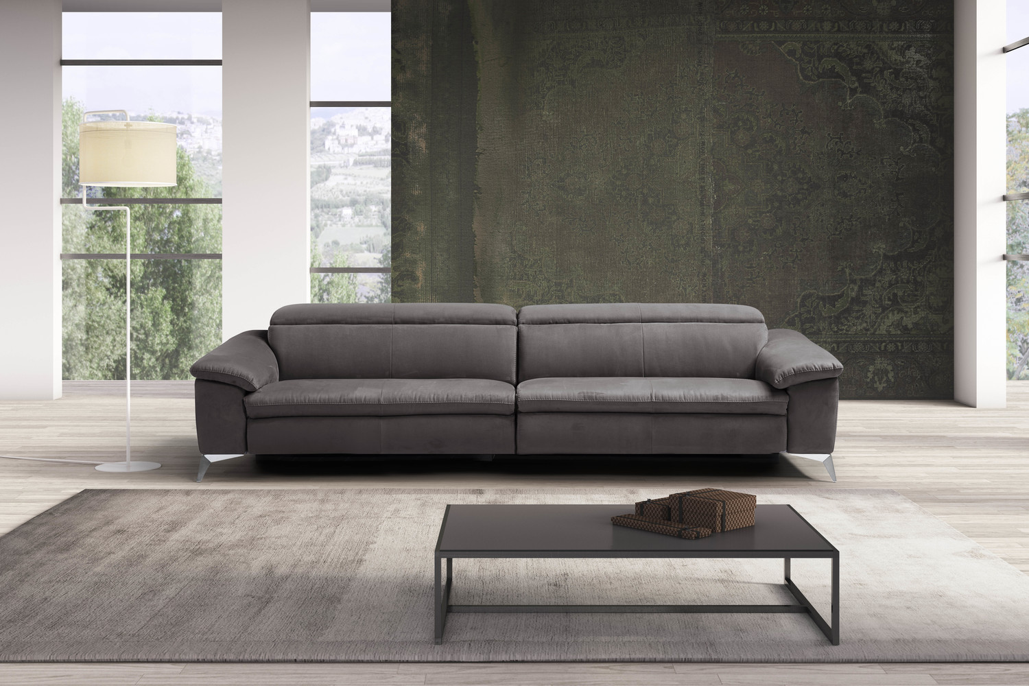 Martine, Leather Sectional with Mechanical Headrest Mechanism.