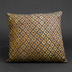 “Ember Geometry” — Kuba Raffia Pillow with Ochre Diamond Grid, D.R. Congo